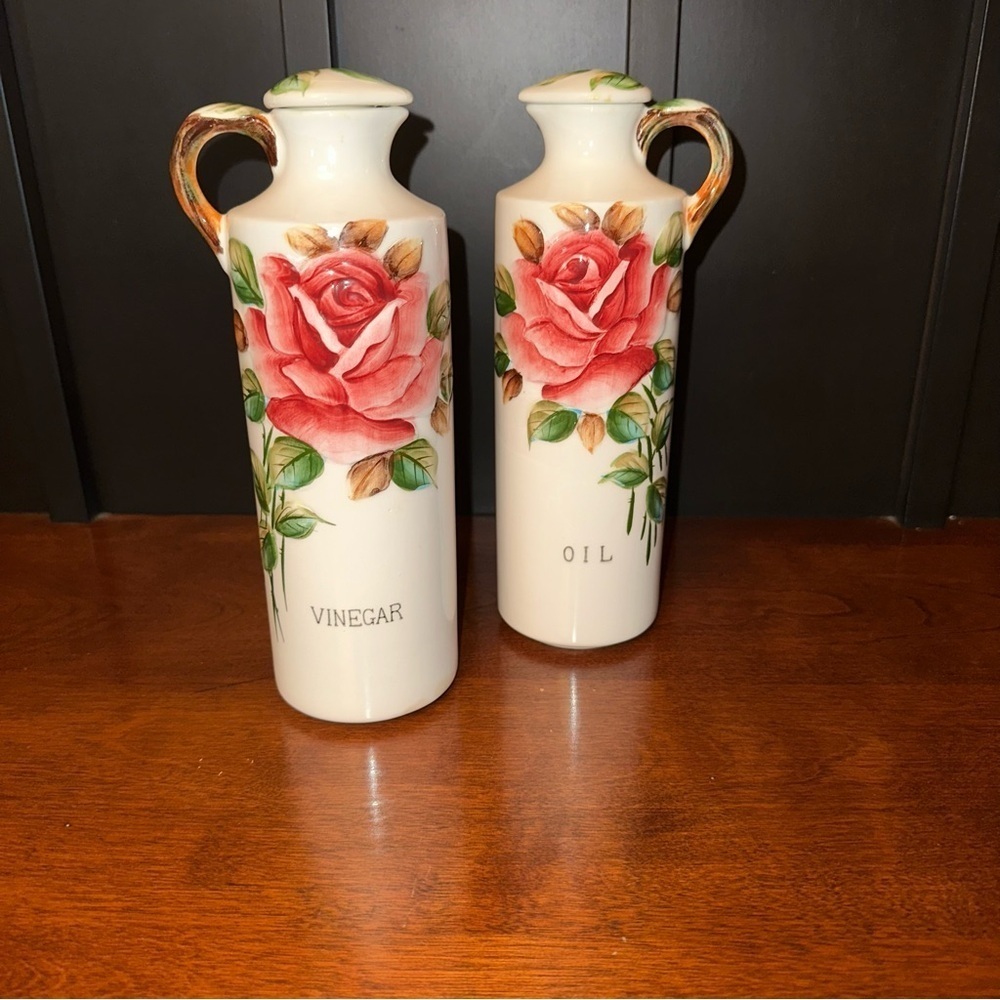 Vintage Lefton Americana Rose Oil & Vinegar Cruet Set Hand Painted Rare HTF READ